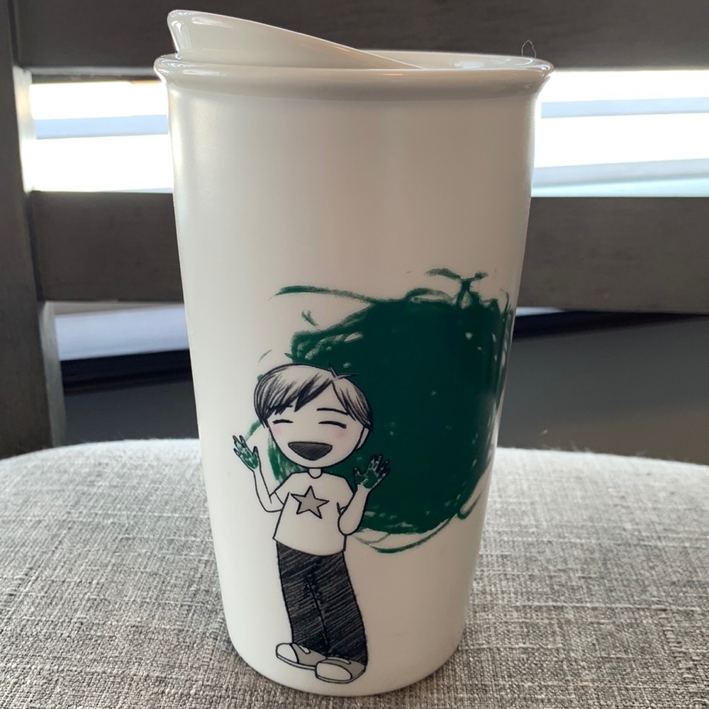 Starbucks Dot Collection - Green hand painting boy - ceramic 12 oz travel mug